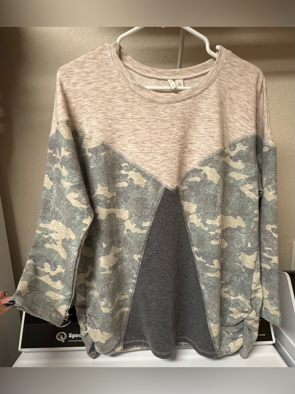 Tan, Gray, & Camo Top w gathered accents at bottom sides, Cato, Women’s Medium